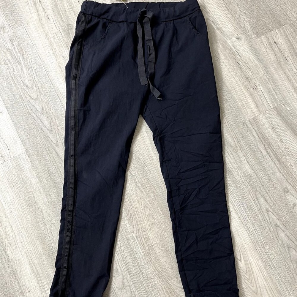 Venti6 Crinkle Ribbon Joggers Navy Blue Stretch Made in Italy Women's L/XL